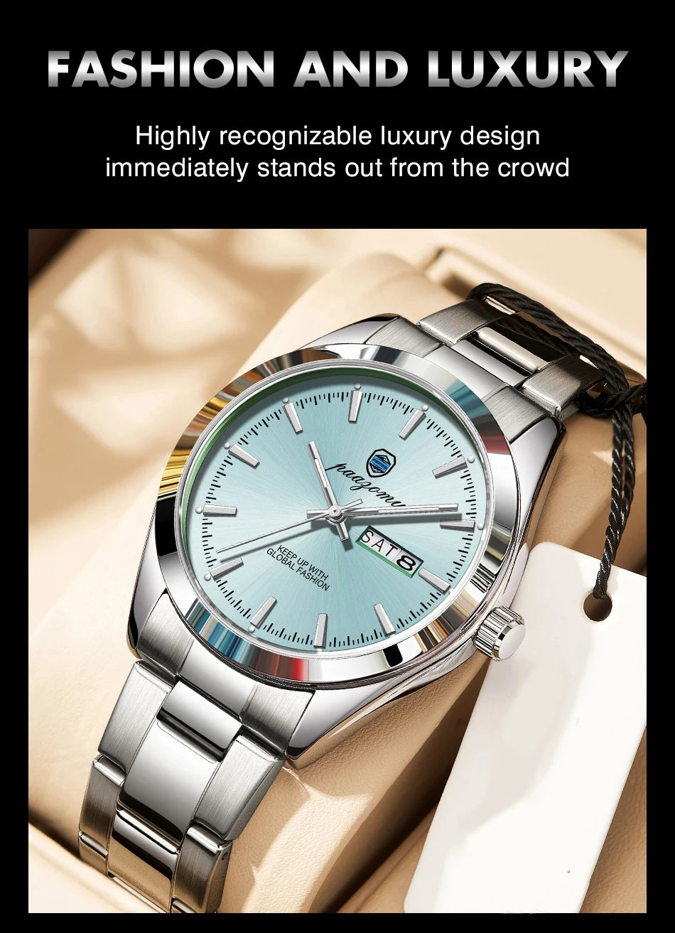 PAAZOMU Fashion Men's Quartz Watch Luminous Hands Date Week Stainless Steel Strap Waterproof Casual Wristwatch Quartz Men Watch