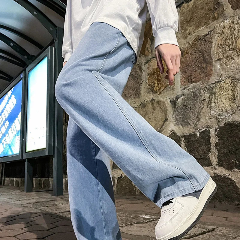 Korean Fashion Men's Baggy Jeans Elastic Waist  Classic olid Color Straight-leg Denim Wide-leg Pants Male Light Blue Grey Black