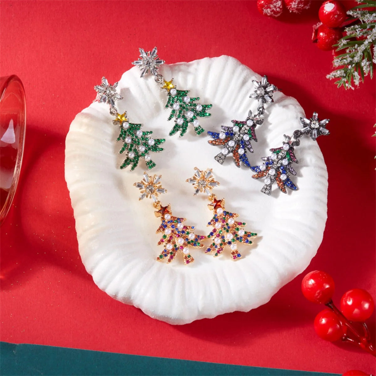 Christmas Earrings Rhinestone Imitation Pearl Snowflake Xmas Tree Star Bell Drop Holiday Dangle Party Jewelry Gift For Women Men