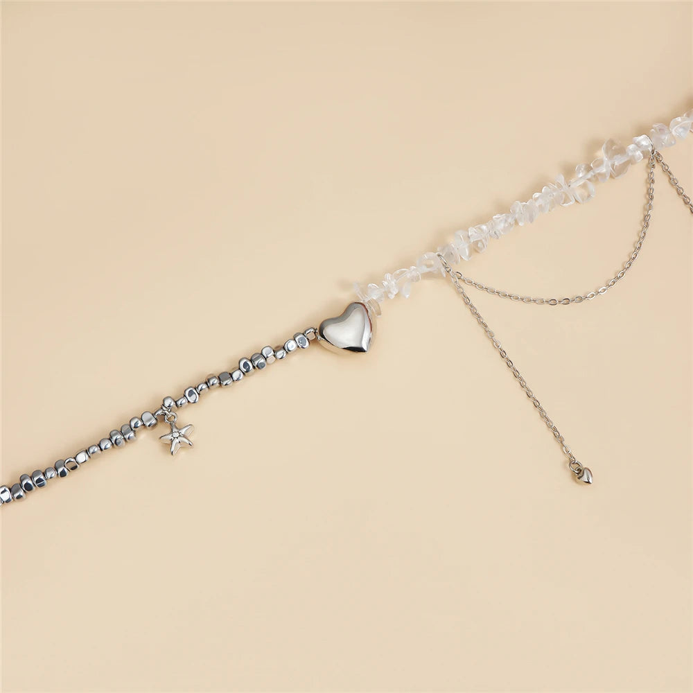 Trendy Irregular Crystal Beaded Necklace INS Style Elegant Starfish Tassel Necklace Luxury Heart Pendant Choker for Women