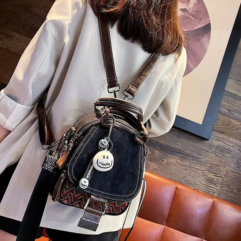 Denim Small Backpack  New Contrast Color Women Bag Retro Ethnic Style Embroidered Multifunctional Bagpack Crossbody Bolsa