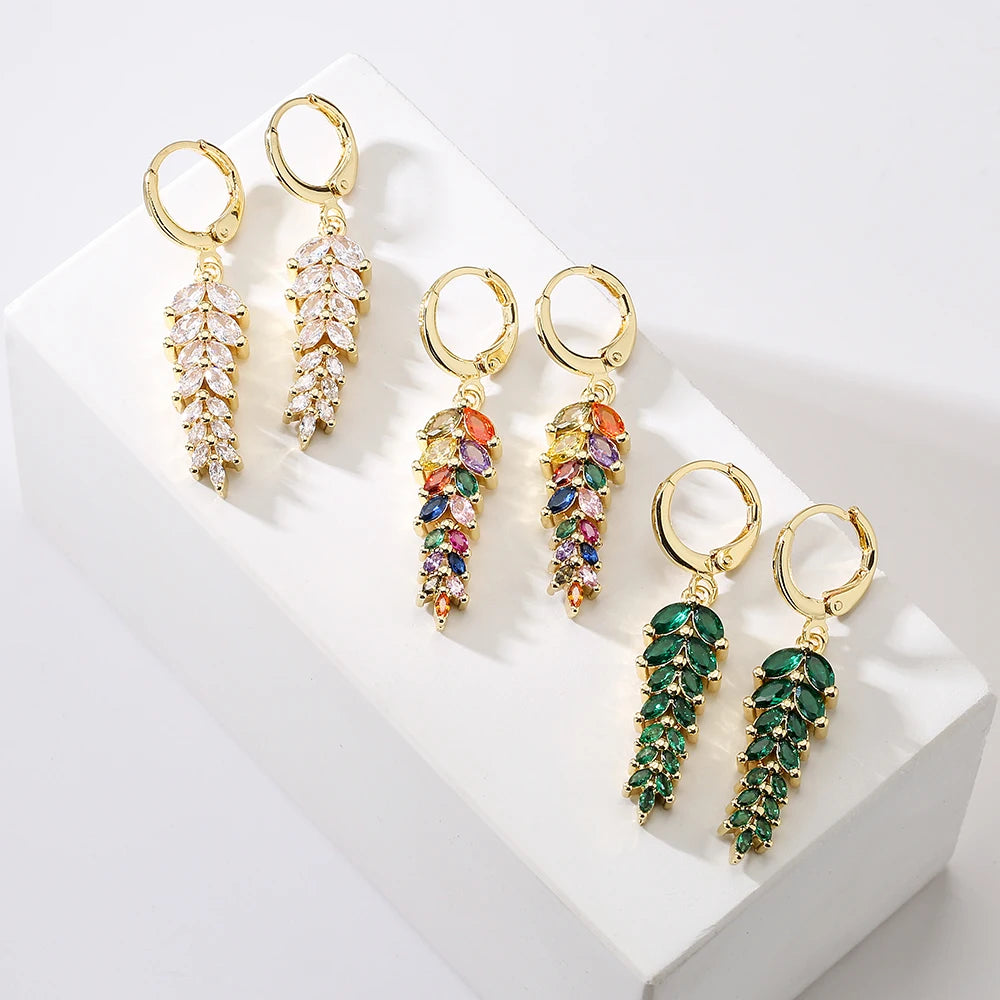 NEWBUY White/Green/Mix Colors Crystal AAA CZ Leaf Earrings For Elegant Women Gold Color Copper Wedding Jewelry Femme Bijoux