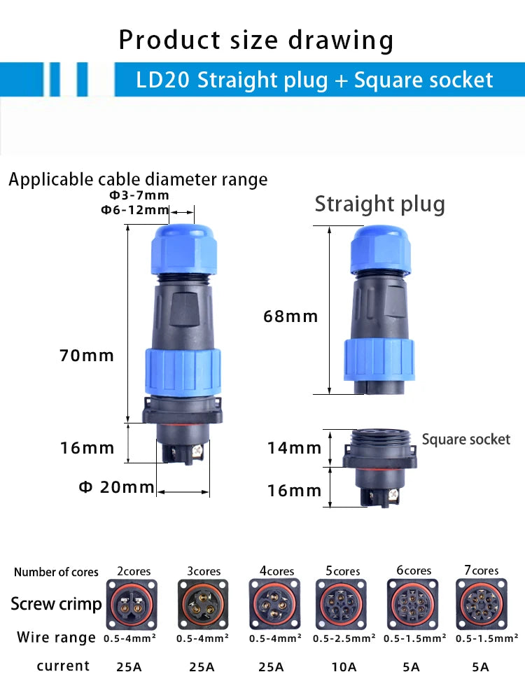 IP68 Waterproof Male Female Electrical Connector LD Series2/3/4/5/6/7/9-Pin Panel-Mount Screw Wire Cable Aviation Plug Connector