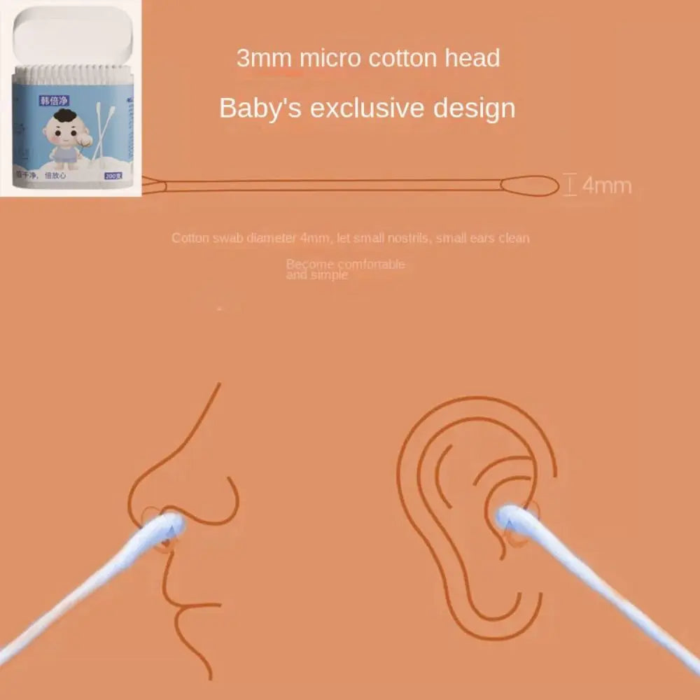 200 pcs Dual Tips Baby Cotton Swab Soft Degreasing Cotton Extra Thin Stem Sterile Cotton Buds Ear Wax Spoon Young Children