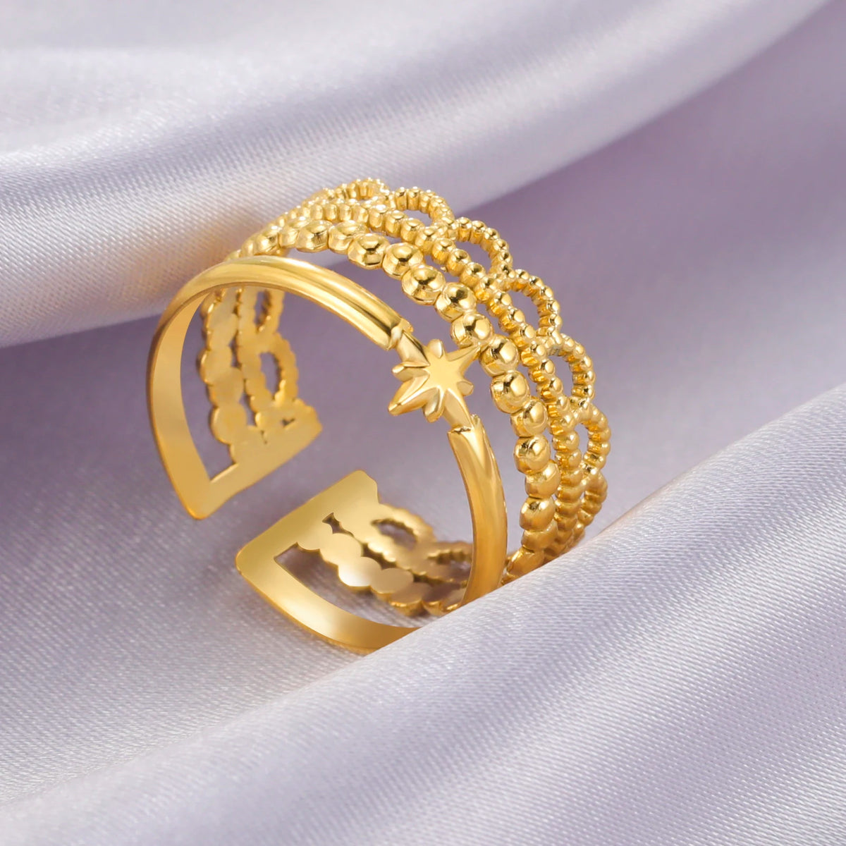 Amaxer For Women Lover's Rings Star Lace Beads Strip Stainless Steel Gold Color Silver Color Engagement Jewelry Party Gift