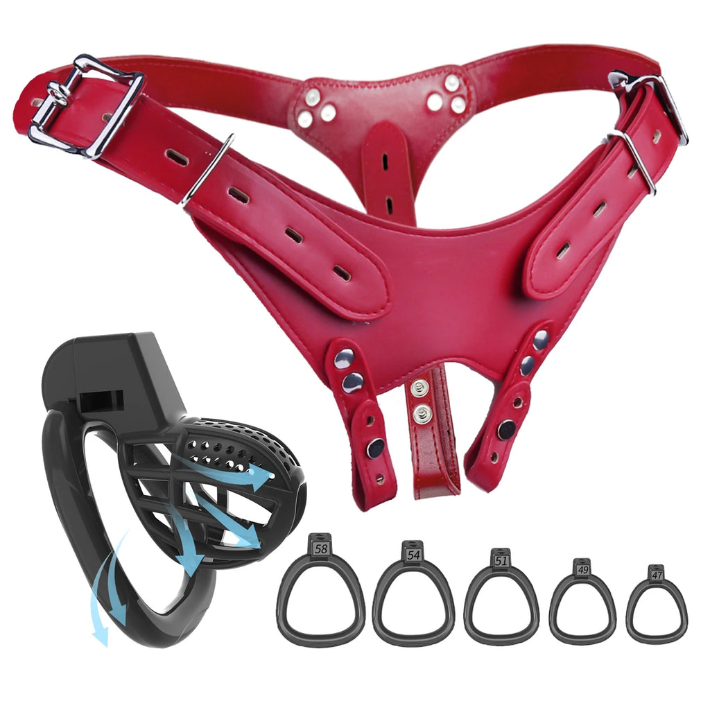 Leather Chastity Harness with Silicone Cage - Adjustable Male Chastity Belt Pants for Locked Play