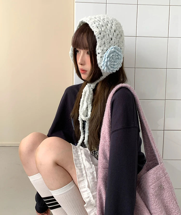 Sweet And Lovely Three-Dimensional Flower Knitted Handmade Women's Autumn And Winter Atmosphere Warm Earmuffs