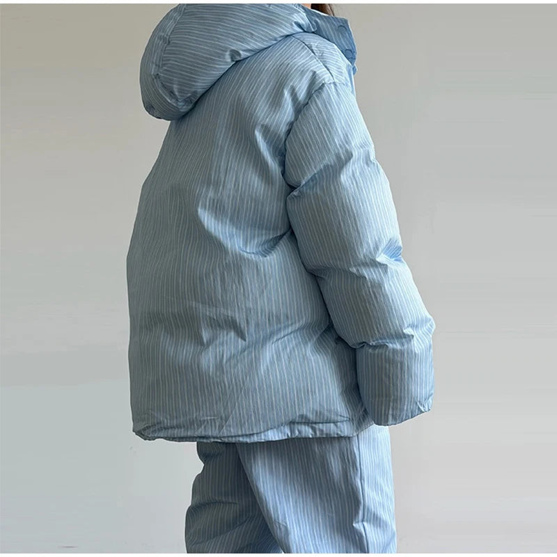 Chic Striped Hooded Puffer Coat Set Women Quilted Full Sleeve Zip Jacket Wide Leg Pants 2026 New Lady Autumn Winter Warm Outfit
