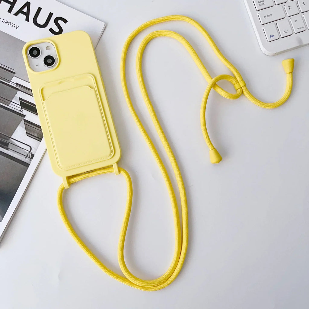 Crossboby Lanyard Rope Phone Case with Card Holder For iPhone 17 16 E 15 14 13 12 11 Pro Max Necklace Strap Soft Silicone Cover