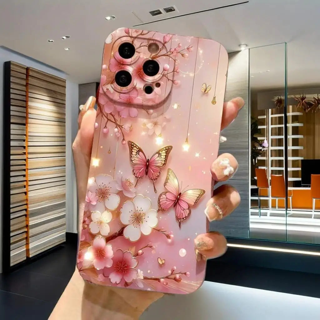 Butterfly & Floral Design Shockproof Phone Case for iPhone 7 8 16 15 16E XR XS X Plus 16 15 14 12 13 11 Pro Max SE2 Matte Cover