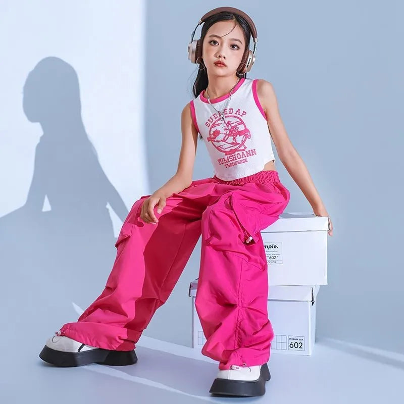 5-14Y Kids Hip Hop Joggers Pants Girls Cargo Pants Teenage Straight Trousers High Waist Vintage Casual Streetwear Baggy Pants