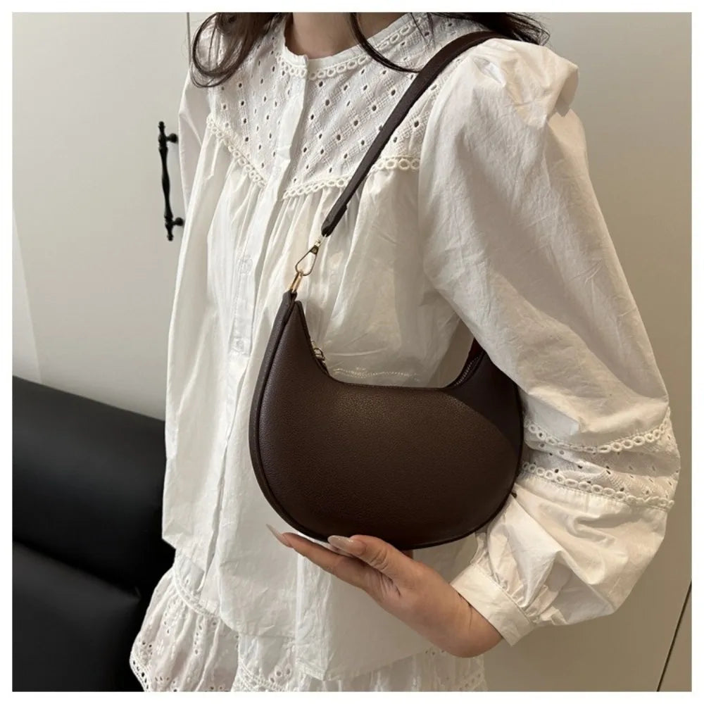 Casual PU Leather Shoulder Bag Moon-shaped Large Capacity Underarm Bag Solid Color Tote Handbag Women's Handbags