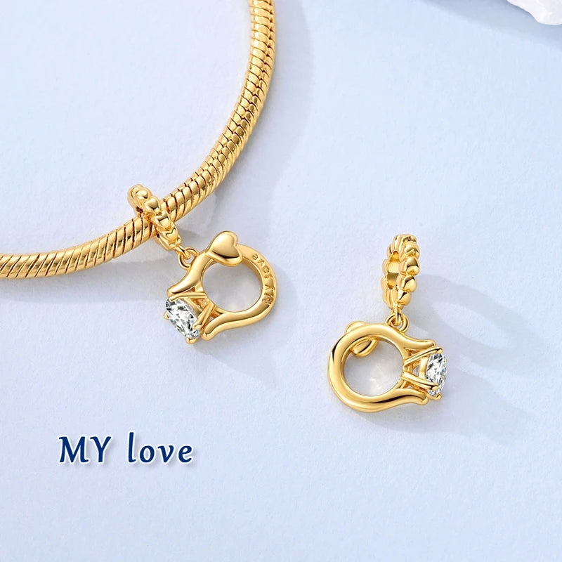 Original 925 Sterling Silver Charm Bead Golden Series Zircon Pendant Fit Original Bracelet Necklace For Women DIY Jewelry Gift