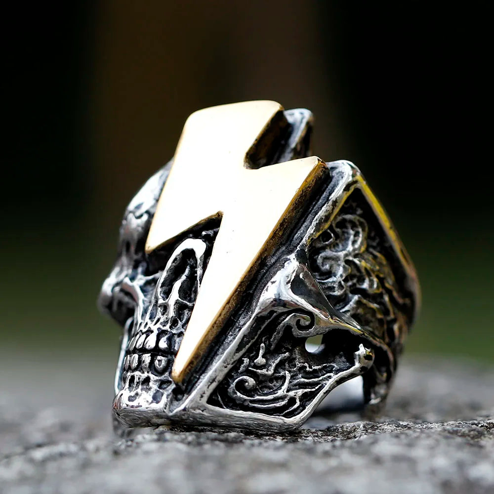 2022 New Stainless Steel Lightning Skull Ring For Men Punk Rock Gothic Punk Metal Rock Biker Jewelry Accessories Wholesale