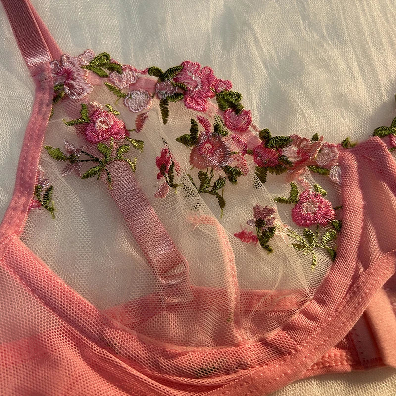 Sexy Underwear For Women Transparent Embroidered Small Flowers Bra Hot Lingerie Panties Intimates Woman Two Piece Set Clothing