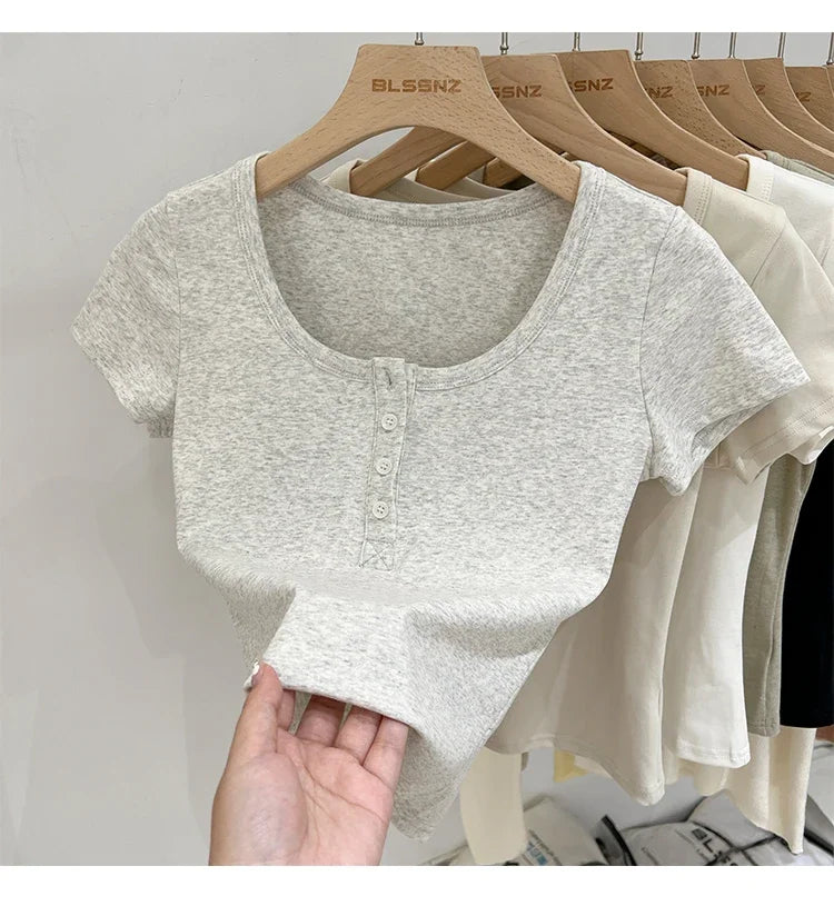 Women T Shirt Button T-Shirt Woman Clothes Tops Cotton Slim Tshirt Female Short Sleeve Top Summer Tee Sexy Canale Y2k