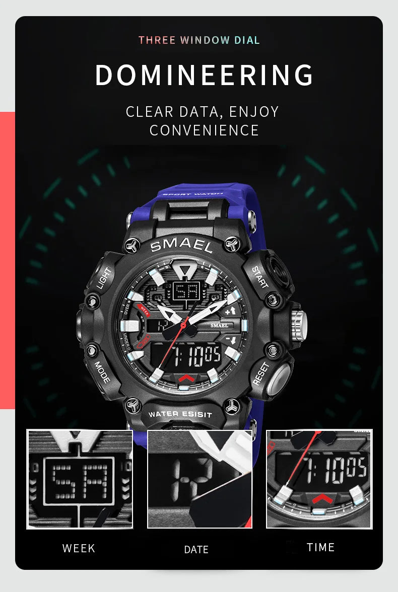Military Watch Sport Waterproof 50M Stopwatch Analog Digital Wristwatches Week Display Alarm Clock 8053 Digital Watches Mens