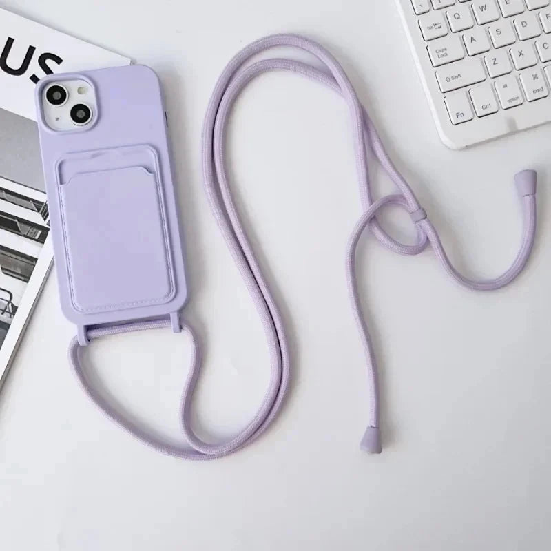 Crossboby Lanyard Rope Phone Case with Card Holder For iPhone 17 16 E 15 14 13 12 11 Pro Max Necklace Strap Soft Silicone Cover