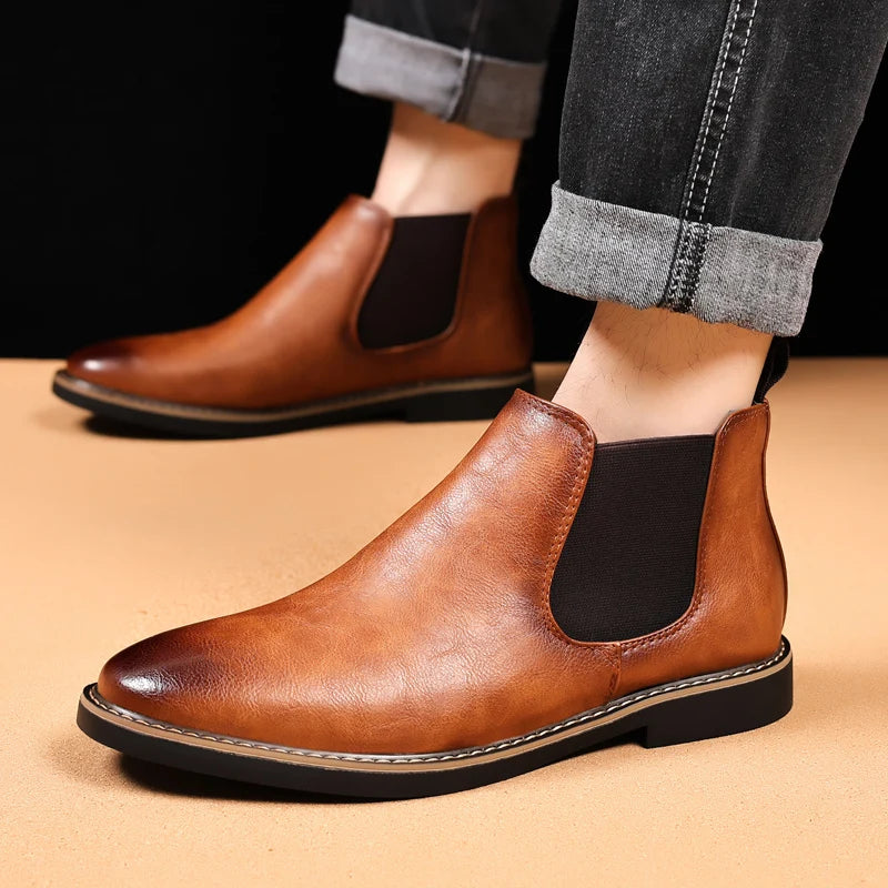 YRZL 39~47 Men Chelsea Boots Brand Retro Comfortable PU Leather Ankle Boots Men 2025 Fashion Black Brown Mens Boots