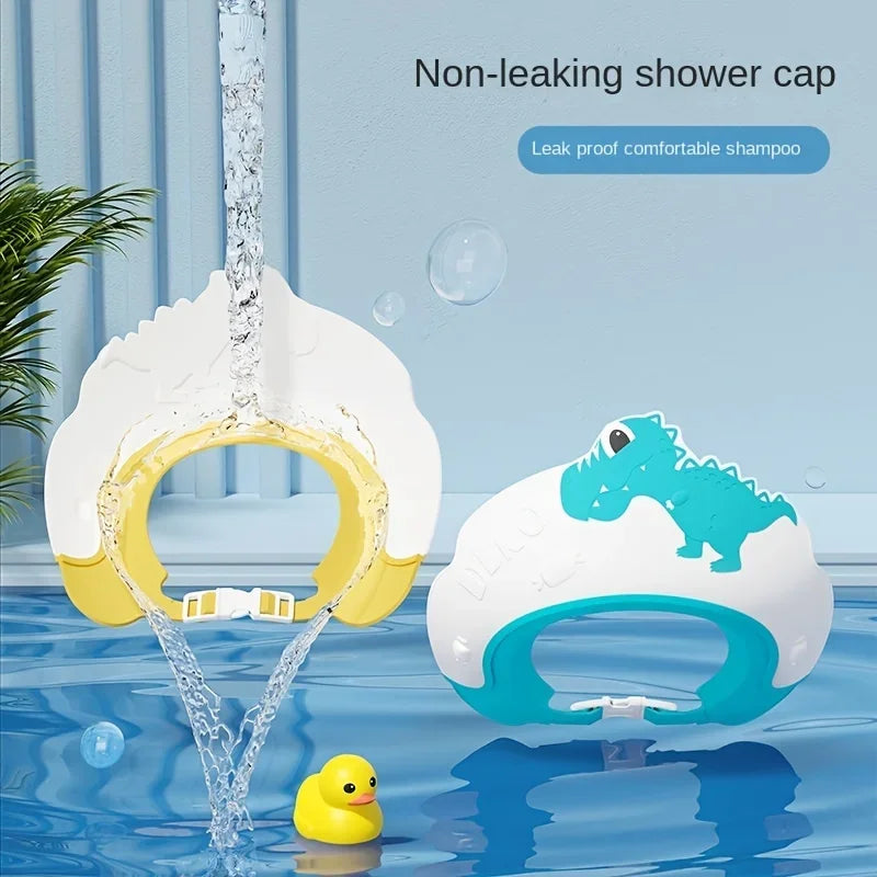 Gorro de Champô Impermeável de Borracha Macia para Bebé Artefacto de Banho para Criança Gorro de Lavagem de Cabelo com Proteção Auricular Ajustável Padrão de Dinossauro