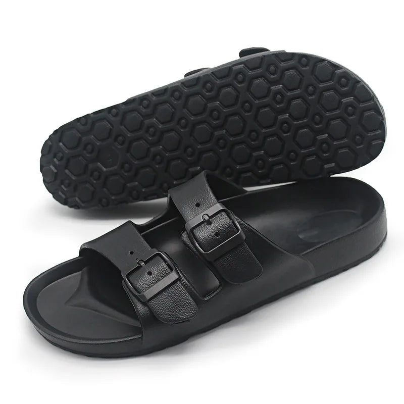 Shevalues Summer Flat Slippers For Women Men 2025 New Thick Sole Sandals With Double Buckle Fashoin Outdoor Antiskid Beach Slide