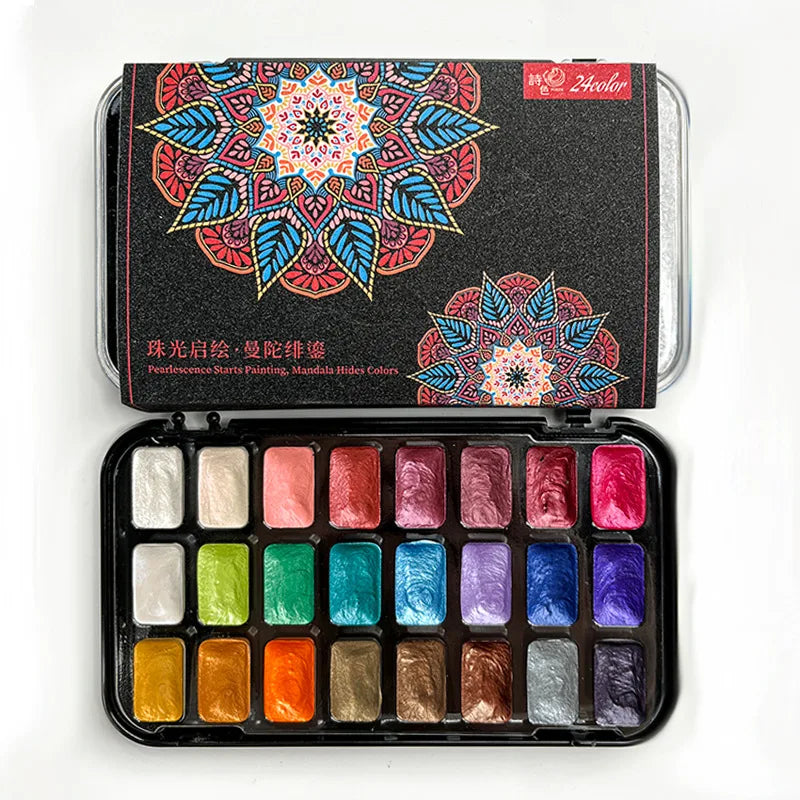 24-color metallic watercolor pigments, convenient for outdoor sketching, water-soluble watercolor pigments