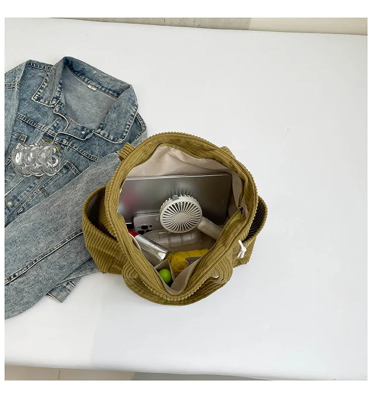 Corduroy Women Bag Fashionable Large Capacity Handbag Shoulder Bag Versatile Artistic Retro Student Class Bag with Zipper Pocket