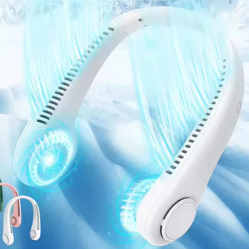 Wearable Bladeless Neck Fan Rechargeable USB 2400mAh Battery Three-Speed Portable & Hanging Design for Car/RV/Household Use