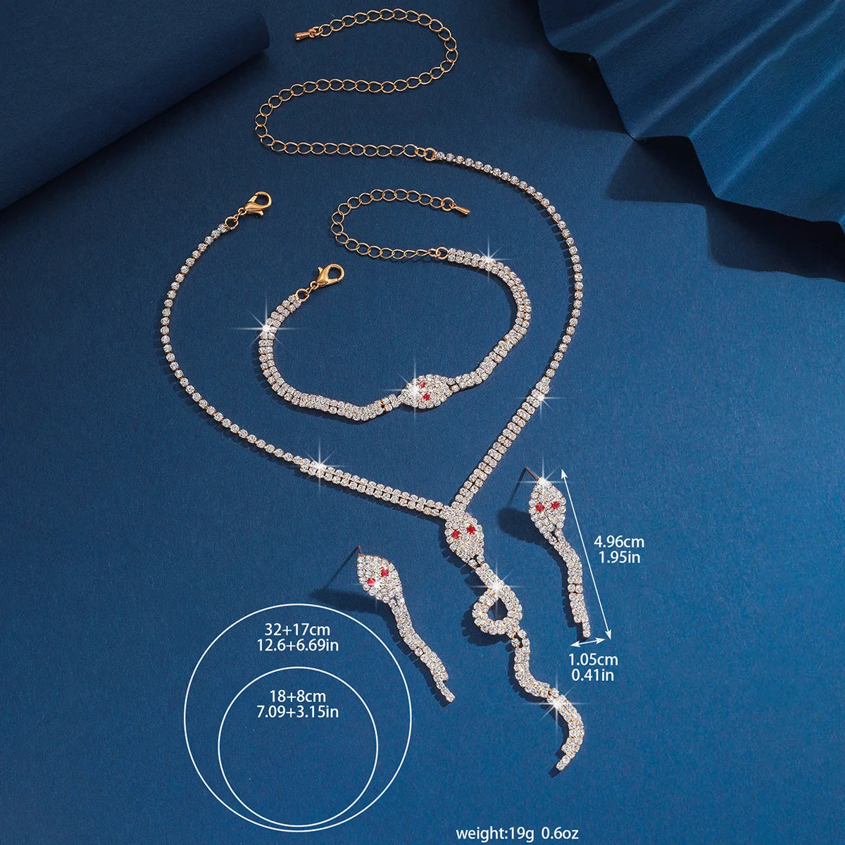 European and American popular jewelry set with rhinestone snake shaped necklace, bracelet, earrings, four piece set for women
