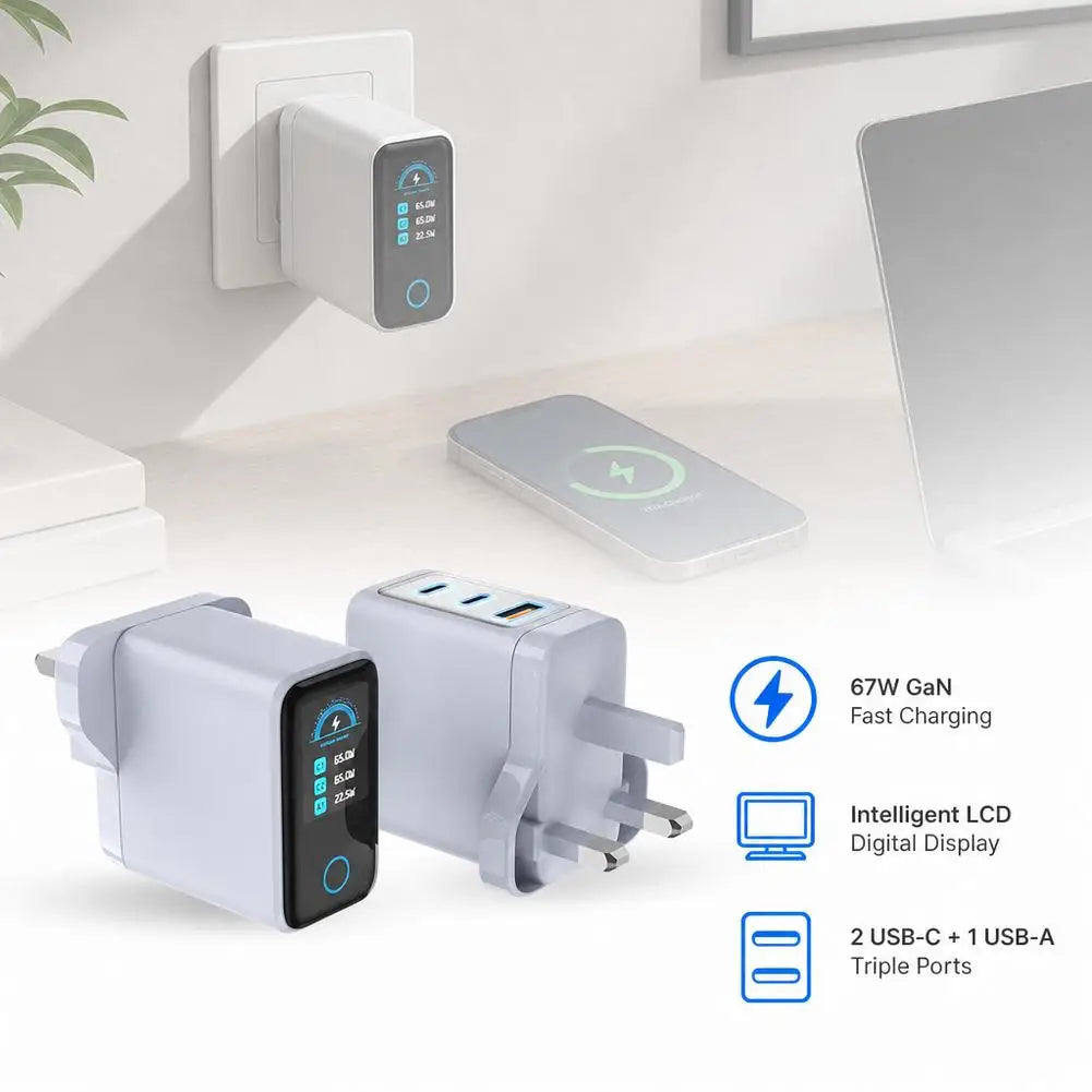 65W GaN Fast Charging Station with LCD Digital Screen, PD3.0 Wall Charger for Laptop, iPhone 17 , Samsung, iPad, Power Delivery
