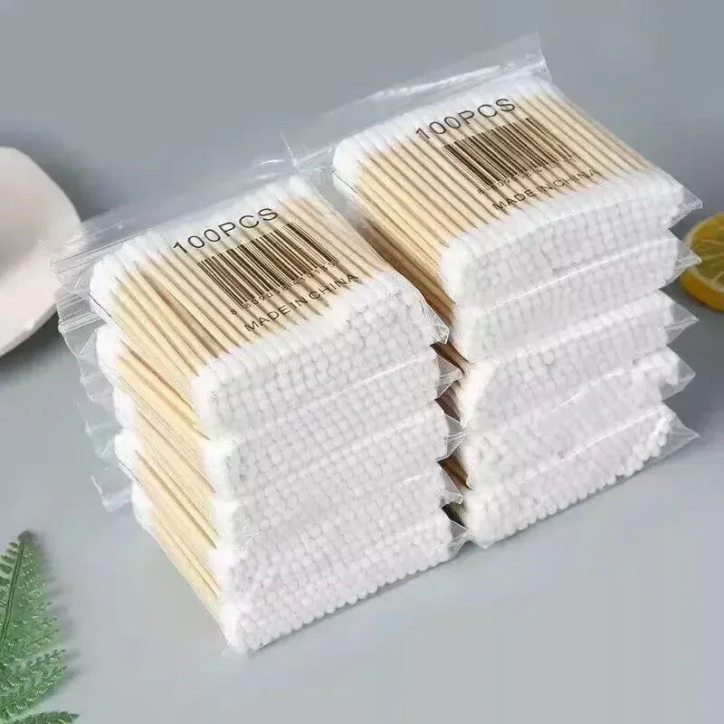 100/300/500 unidades de cotonetes com haste de madeira, cotonetes de bambu com pontas redondas duplas, cotonetes biodegradáveis