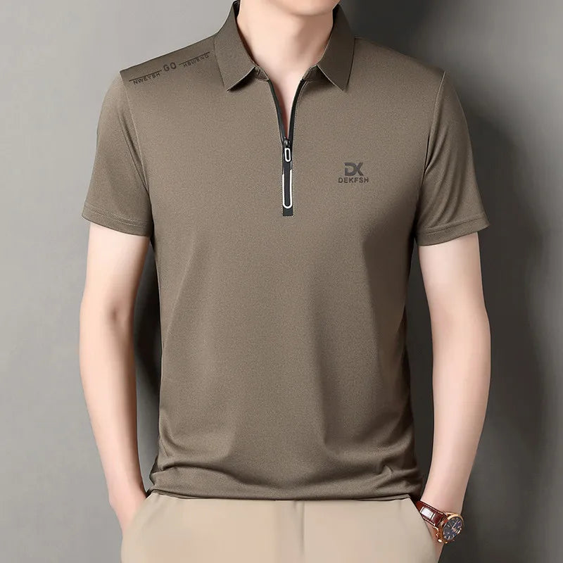 New Men's Business Casual Zipper Short Sleeve Solid Color Polo Shirt Fashionable Warm Comfortable Four Seasons Versatile Top