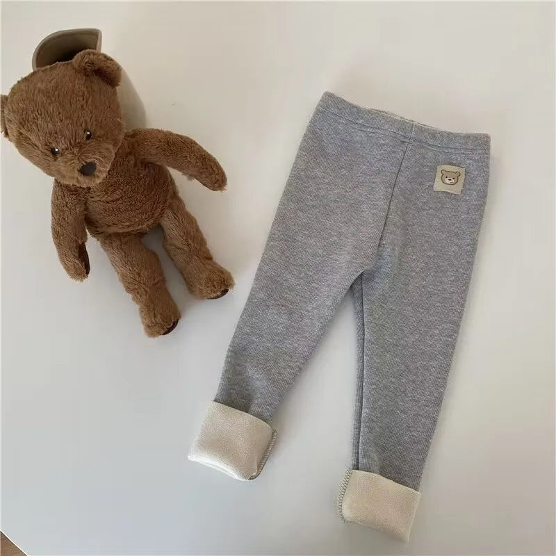 Autumn Girl's Leggings Fleece Lined Kid's Trousers Cartoon Bear Elastic Skinny Warm Pants for Girls