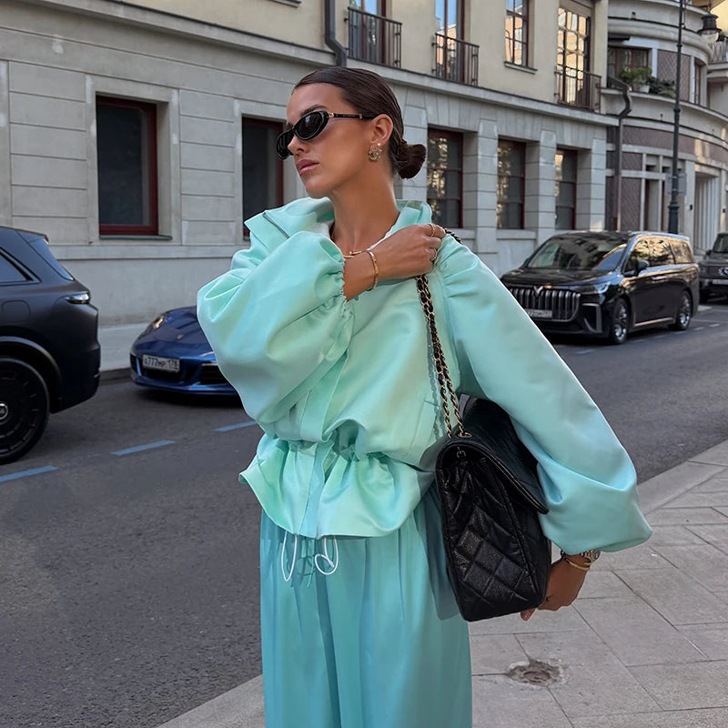Shiny Fabric Jacket High Stand Collar Oversized Puff Sleeve Drawstring Cropped Hem 2026 Autumn Fashion Daily Lady Sweet Jacket