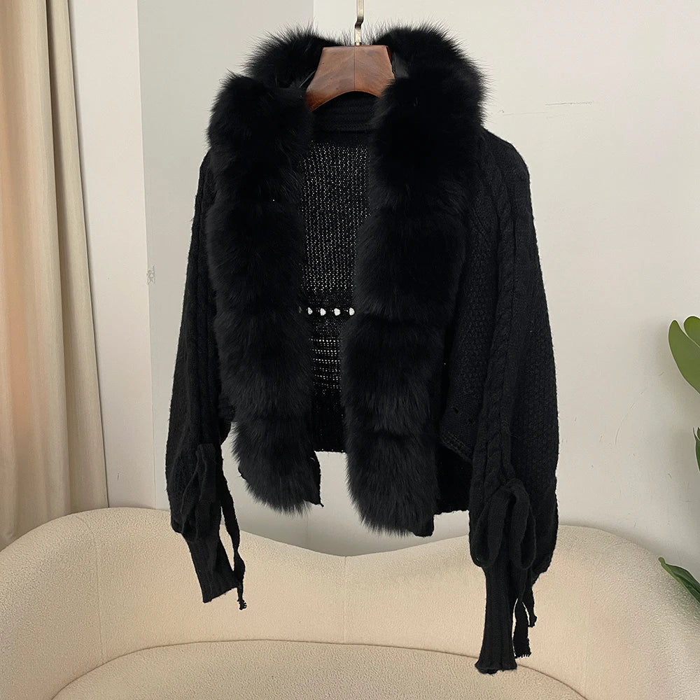 2024 Winter New Fashion Knitting Cardigan Placket Coat Women Casual Real Fox Fur Coat Short Warm Knitted Jacket with Natural Fur