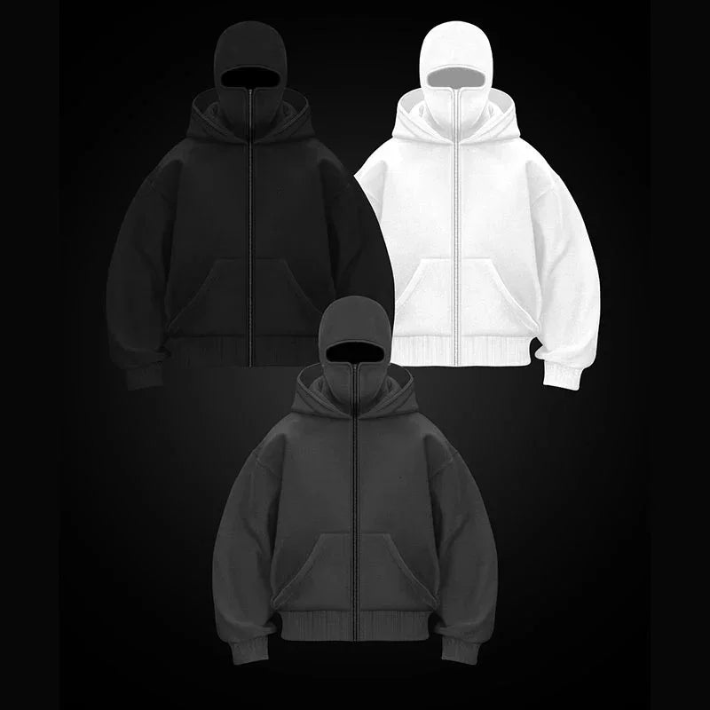Balaclava Men Zip Hoodie Winter Warm Casual Sweatshirt Y2K with Hooded Face Mask Zipper Design Sports Jacket Outdoor Activities