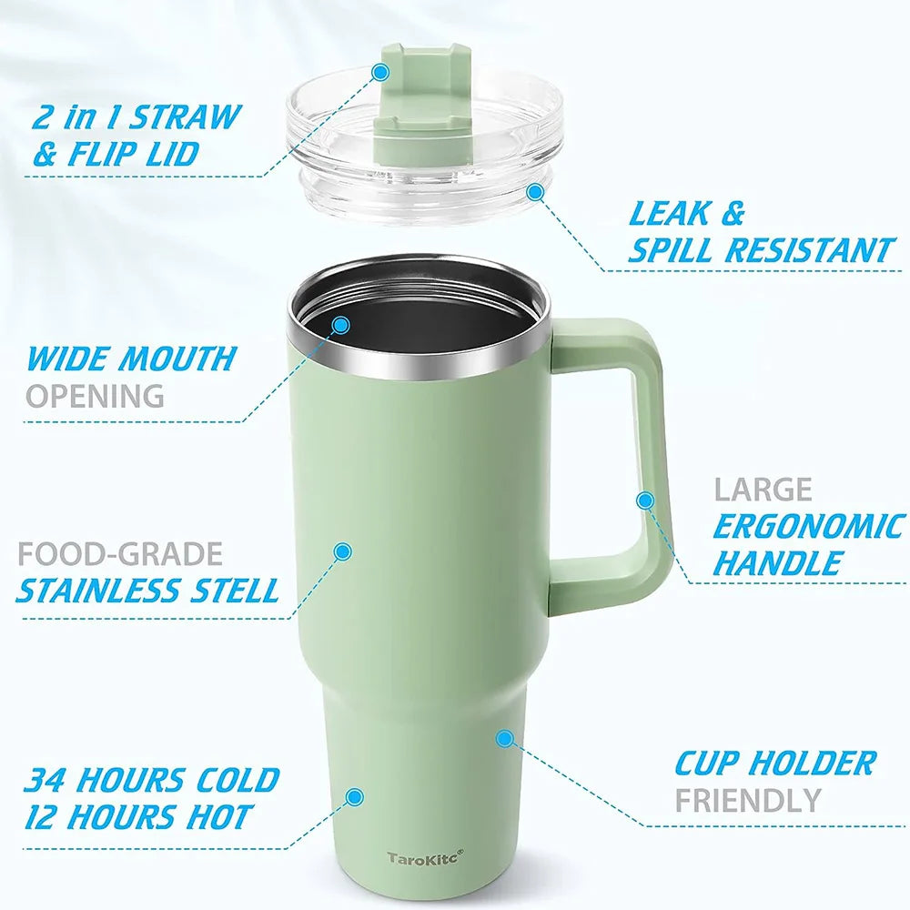 40oz Tumbler with Handle and Straw, Pink Insulated Travel Mug Iced Coffee Cup, Reusable Stainless Steel Insulated Water Bottle