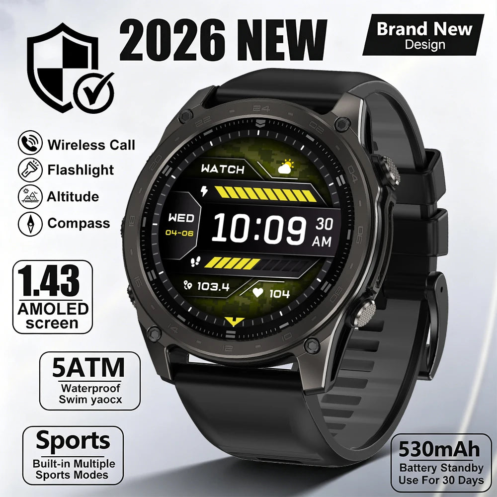 2026 New Sports Smart Watch Sports Mode Wireless Call 5ATM Compass Altimeter LED Flashlight 1.43 Inch AMOLED Screen Smart Watch