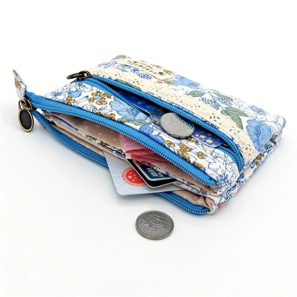 New Fashion Flower Multi-layer Cotton Fabric Coin Purse Women Card Wallet Small Change Bag Retro Canvas Female Hand Purses Pouch