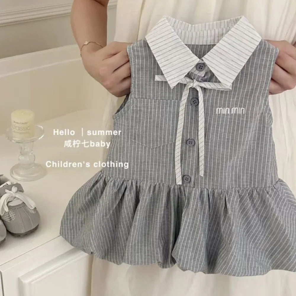 25 Baby Girls Summer Dress Long Shirts Striped Kids Birthday Elegant Dresses Children Vestidos Clothes 0-7Y