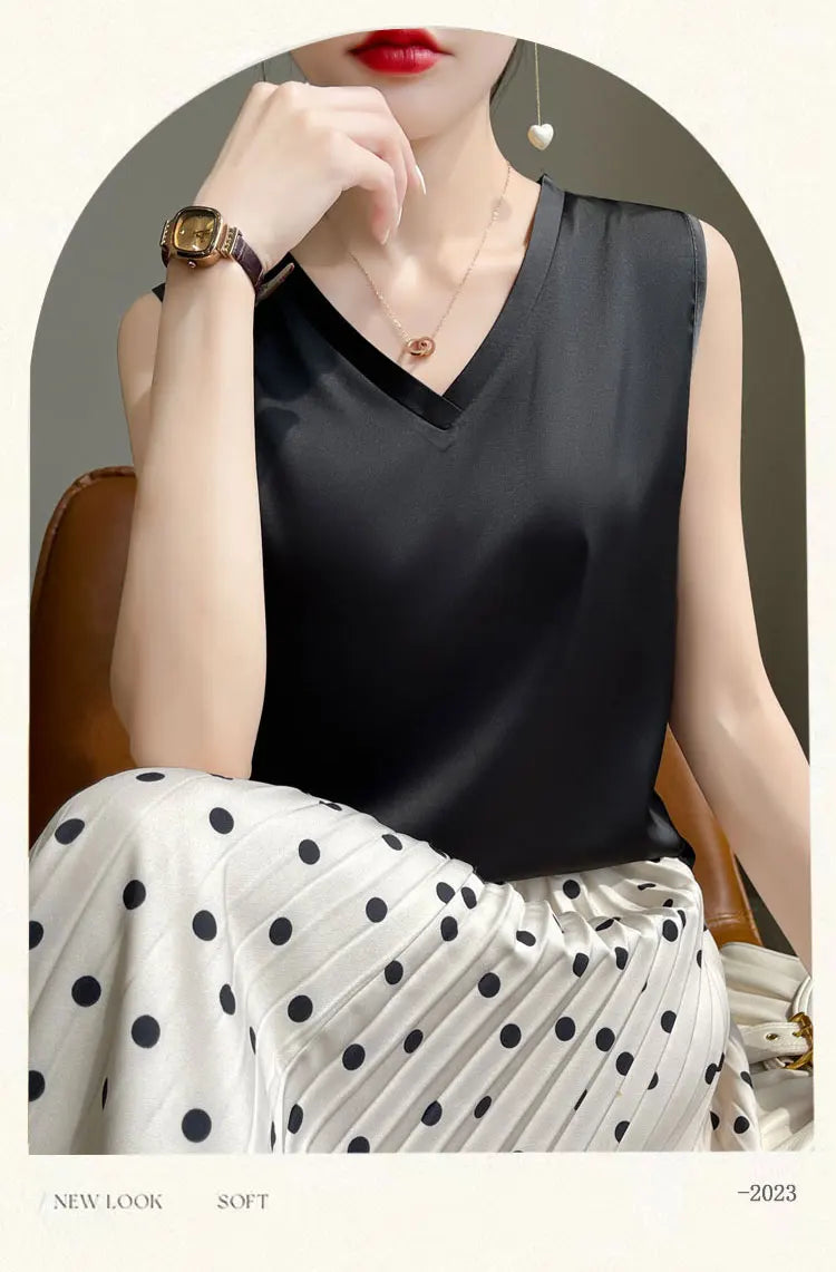 V-Neck Silk Vest Women's Summer Short Sleeved Top Acetate Satin Sleeveless Summer Shirt T-Shirt Loose Suspender Base YTM A39