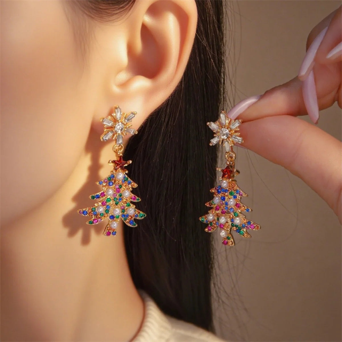 Christmas Earrings Rhinestone Imitation Pearl Snowflake Xmas Tree Star Bell Drop Holiday Dangle Party Jewelry Gift For Women Men