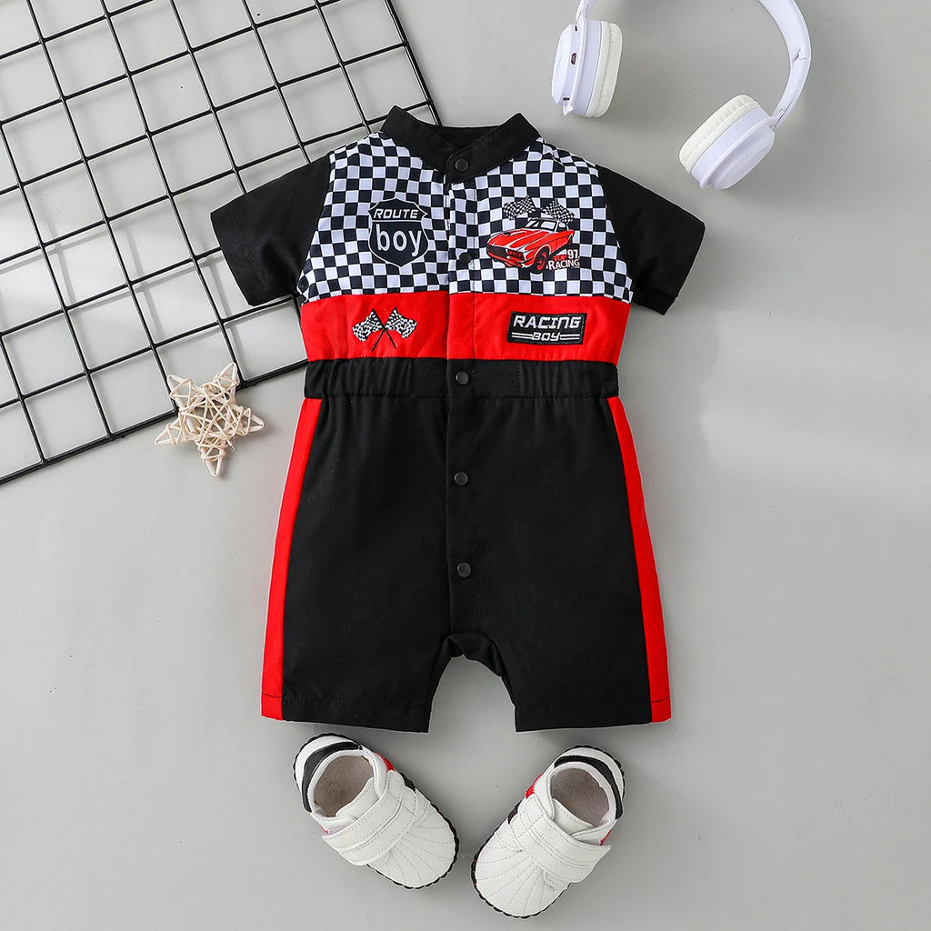 Newborn Baby Boy Styling Suit Mini Racer Outfit with Embroidered Stand Collar and Zipper Denim Overalls