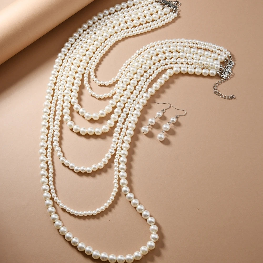 Fashiona Elegant Multi-layer Imitation Pearl Handmade Beaded Statement Necklace Women Wedding Party Accessories Sweater Chain
