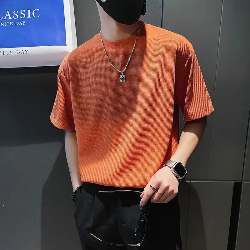 Top T Shirt for Men Orange O Neck Man Tee Shirts Plain Clothing Streetwear No Logo Cool Hot Loose Basic High Quality Aesthetic S