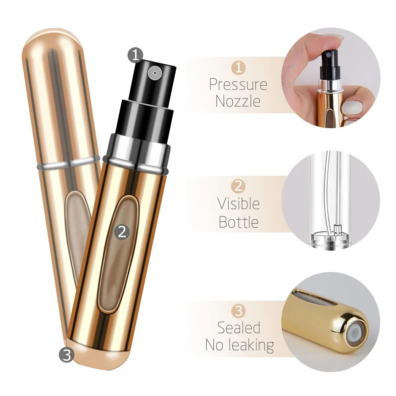 1/4 Unid. Atomizador de perfume de 5 ml, recipiente portátil para líquidos, cosméticos, viagem, mini frasco de alumínio vazio recarregável
