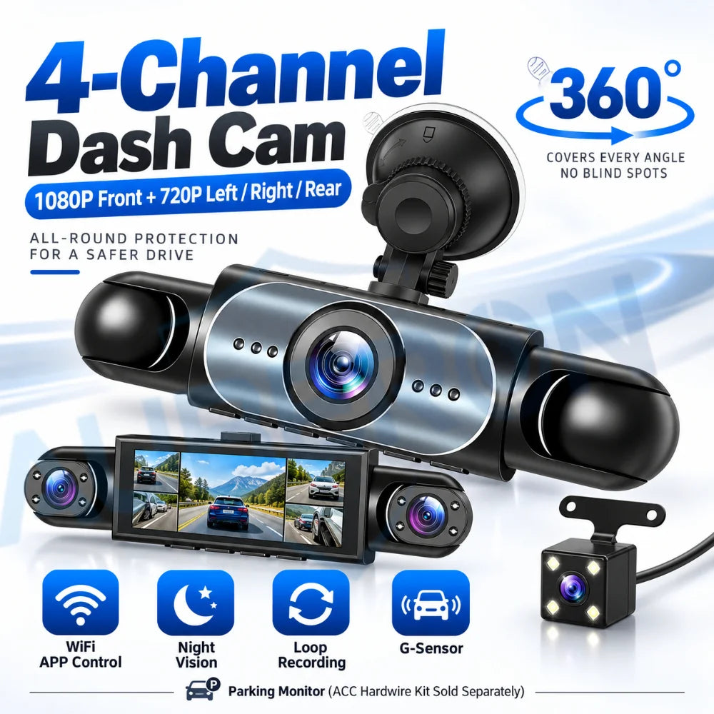 4 Channel Dash Cam 360° Car Video Recorder Black Box with Night Vision 24/7 Parking Monitor G-Sensor Loop Recording Auto Parts
