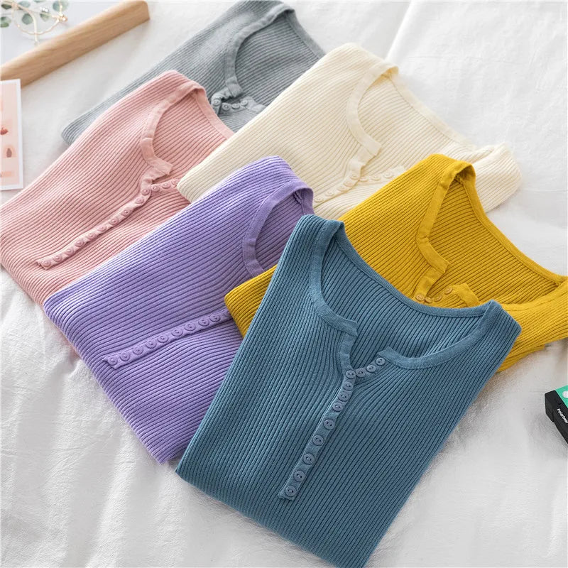 2026 Autumn Winter Button V Neck Sweater Women Basic Slim Pullover Women Sweaters And Pullovers Knit Jumper Soft Warm Tops