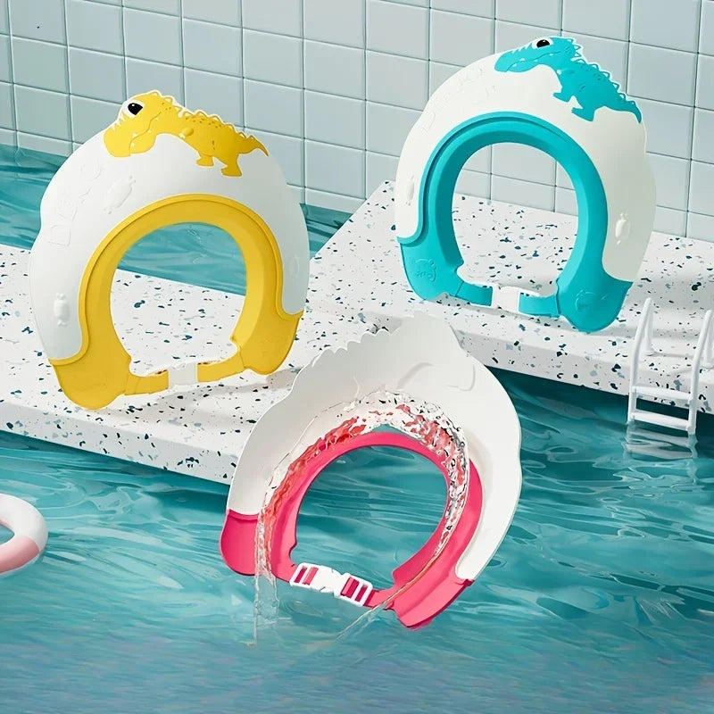 Gorro de Champô Impermeável de Borracha Macia para Bebé Artefacto de Banho para Criança Gorro de Lavagem de Cabelo com Proteção Auricular Ajustável Padrão de Dinossauro