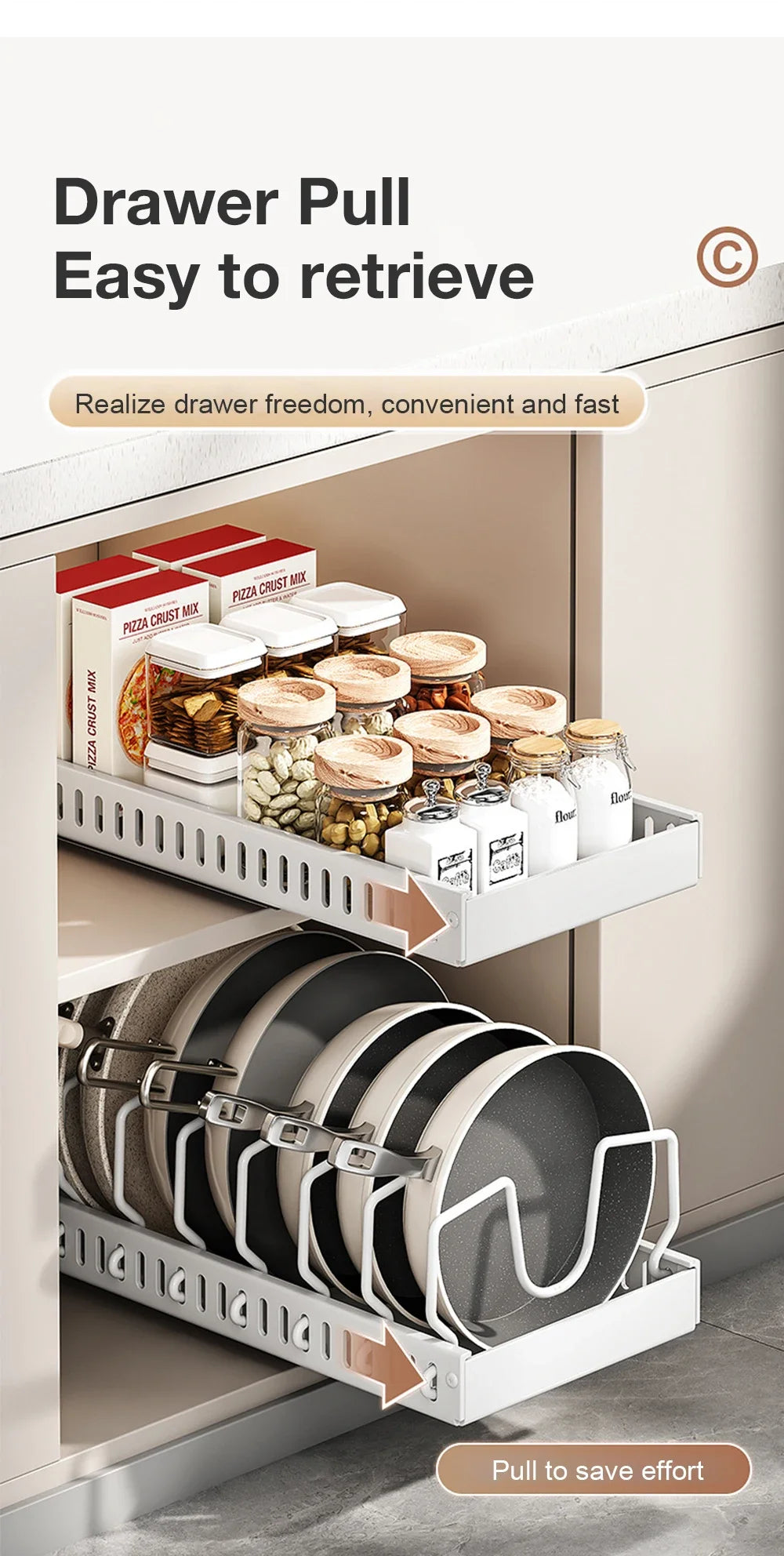 Pull‑out Sliding Kitchen Storage Rack Multifunctional Drawer Organizer for Pan Lids Spices Bowls Plates Cookware Storage